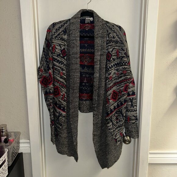 Roxy Grey/Red/Blue Aztec Print Knit Open Draped Holiday Cardigan Sweater Large - Picture 2 of 6